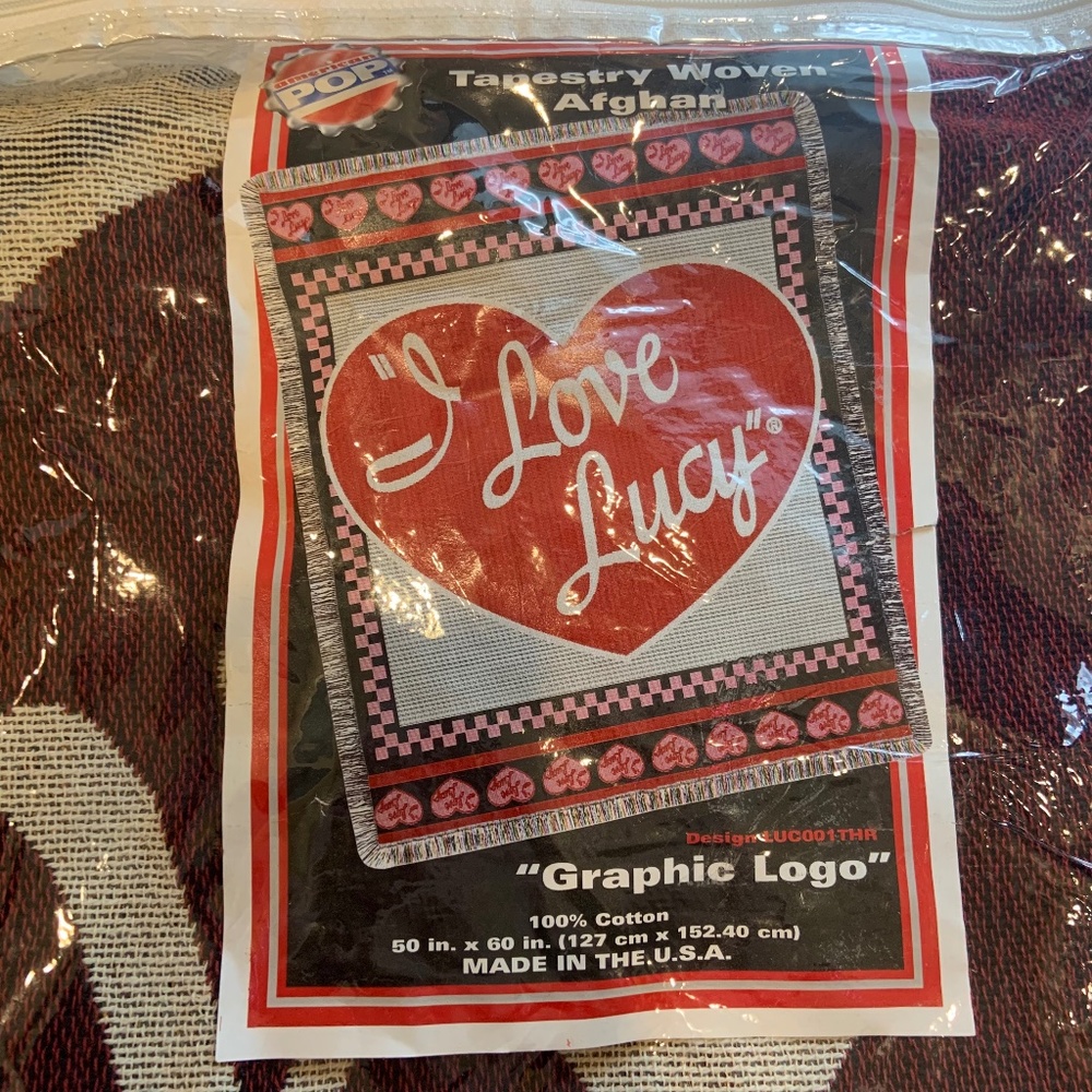 Vintage I Love Lucy Heart Graphic Logo Tapestry Woven Afghan 50" x 60"